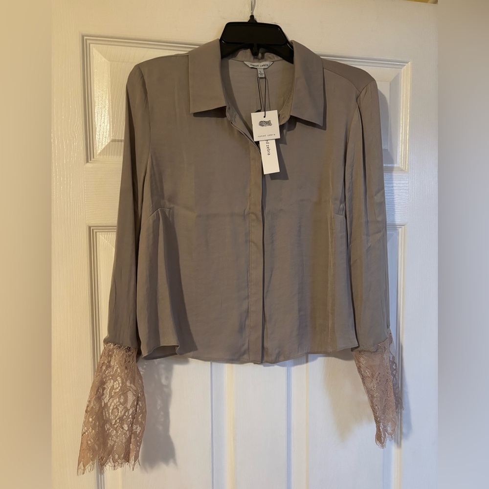 (NWT) Naked Zebra Taupe Blouse with Lace Sleeves